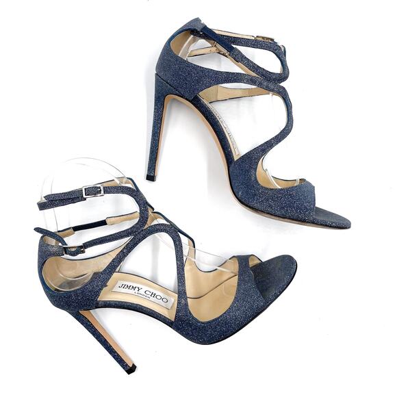 Jimmy‎ Choo Lang Glitter Sandals Fine Navy Blue Strappy Stiletto Heels Sz 37 / 7 - Picture 2 of 9